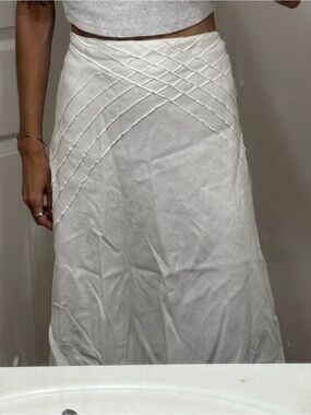 Cream A-Line Midi Skirt with Pintuck Detail